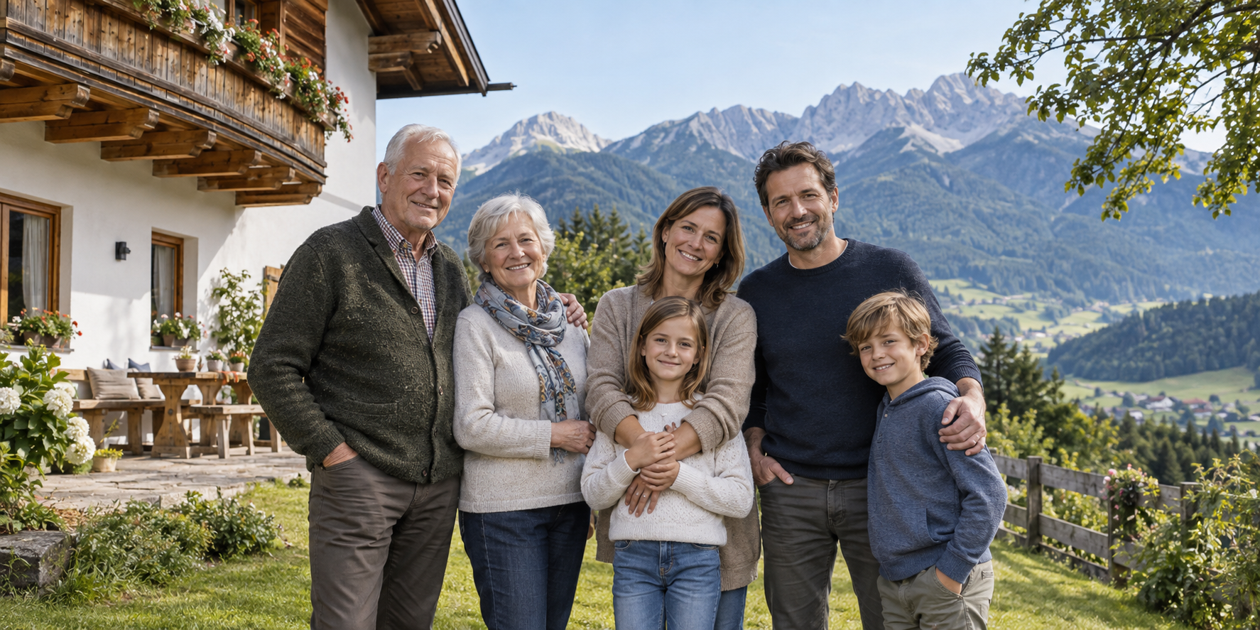 Mehrere Generationen vor einem Tiroler Wohnhaus