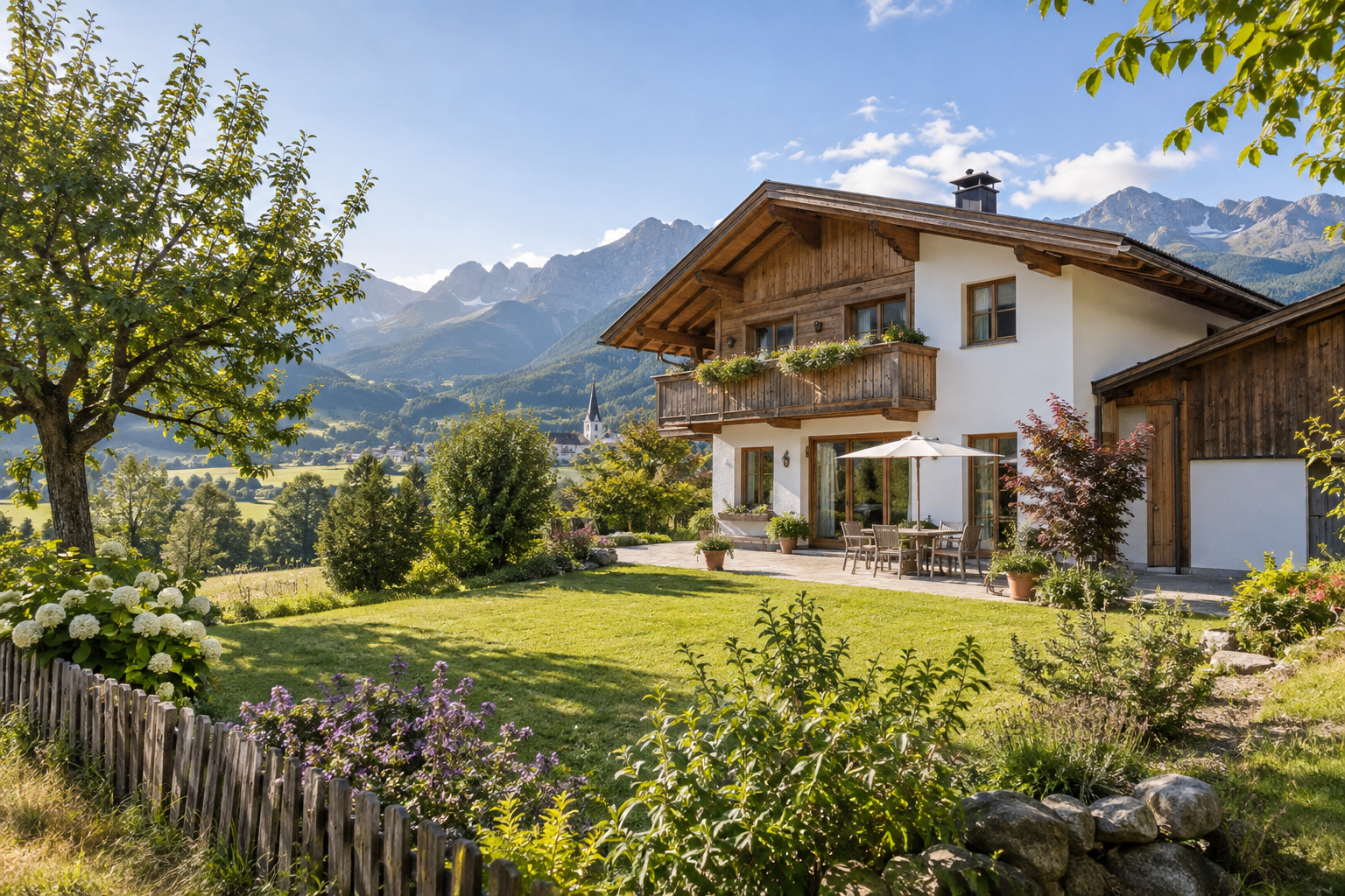 Tiroler Wohnhaus mit Holzdetails und Berglandschaft